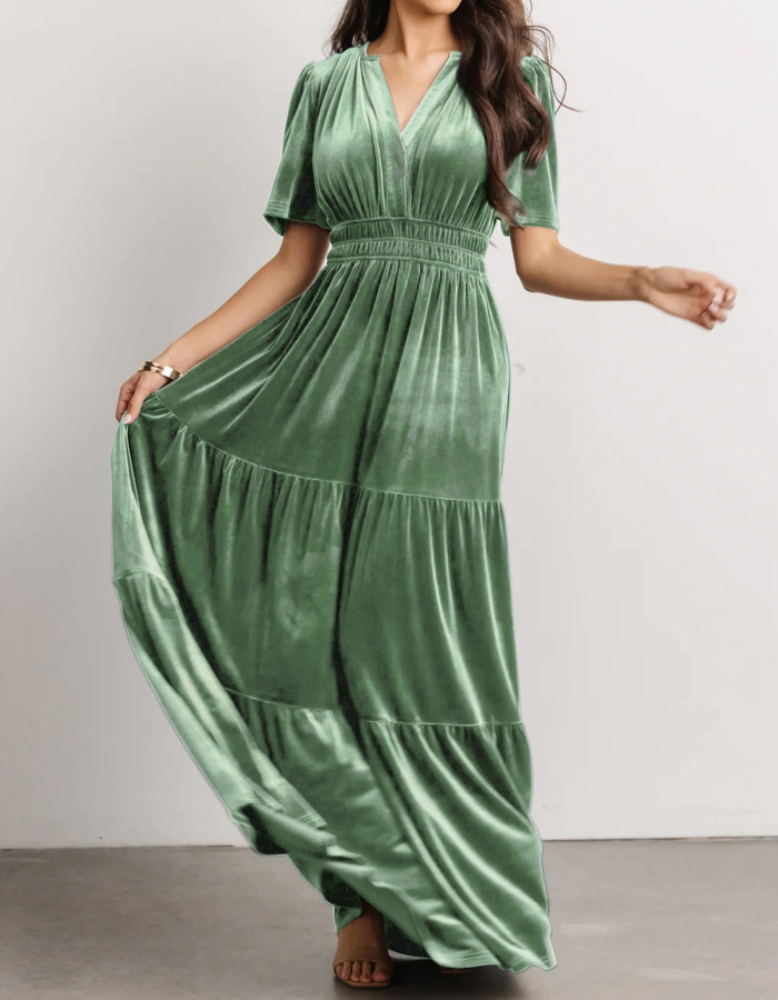 R.Vivimos Women's Fall Winter Vintage Velvet Dress Short Sleeve V Neck Elastic Waist Tiered Ruffle A-Line Elegant Maxi Dress