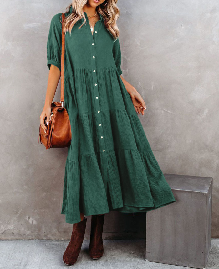 R.Vivimos Women's Summer Cotton Half Sleeves Button Down Casual Loose Slit Midi Dress with Pockets