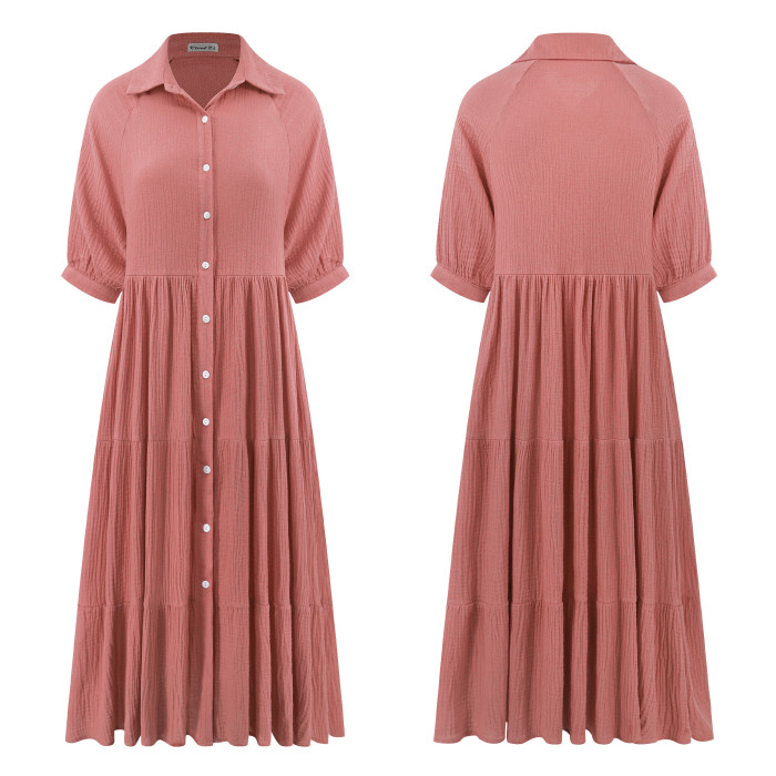 R.Vivimos Women's Summer Cotton Half Sleeves Button Down Casual Loose Slit Midi Dress with Pockets