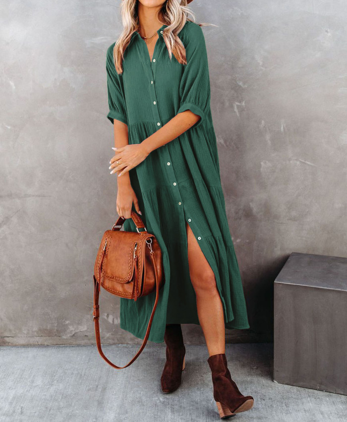 R.Vivimos Women's Summer Cotton Half Sleeves Button Down Casual Loose Slit Midi Dress with Pockets