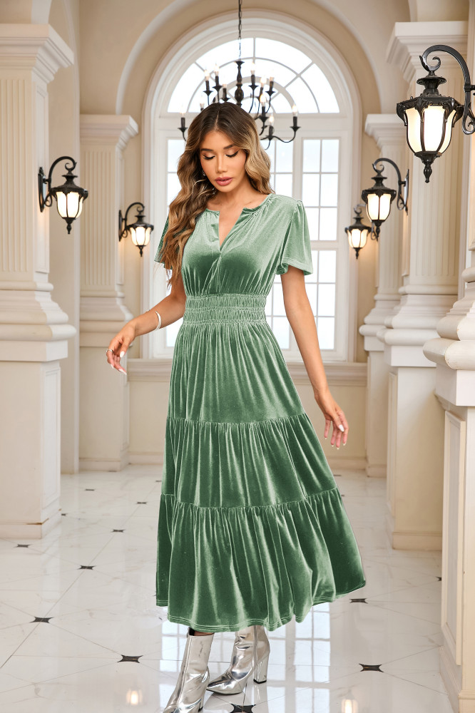 R.Vivimos Women's Fall Winter Vintage Velvet Dress Short Sleeve V Neck Elastic Waist Tiered Ruffle A-Line Elegant Maxi Dress