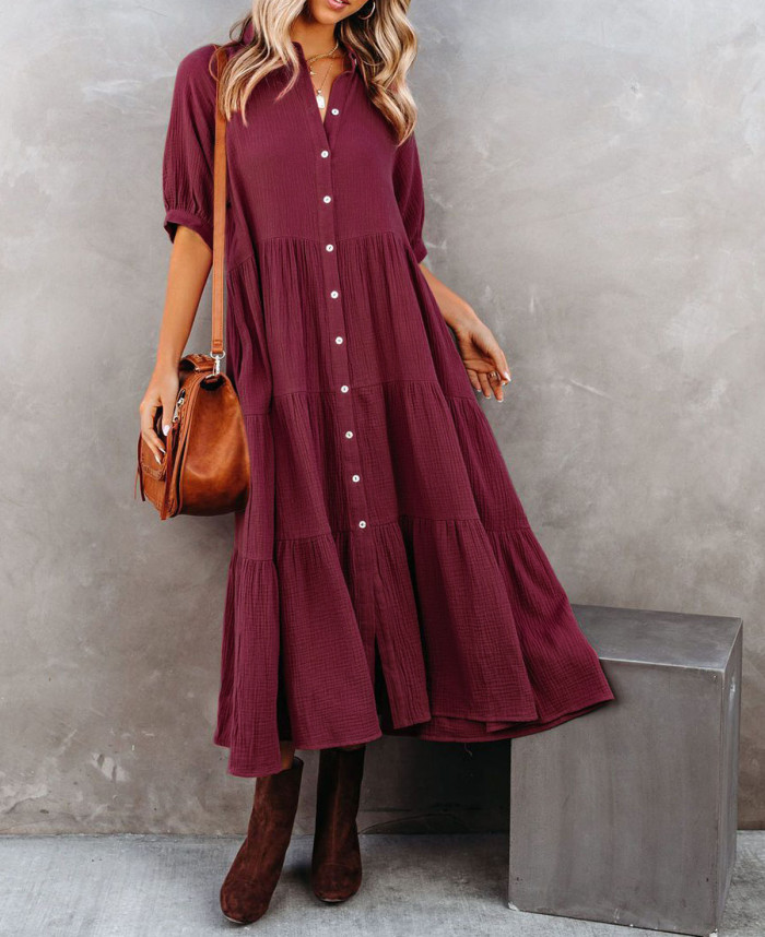 R.Vivimos Women's Summer Cotton Half Sleeves Button Down Casual Loose Slit Midi Dress with Pockets
