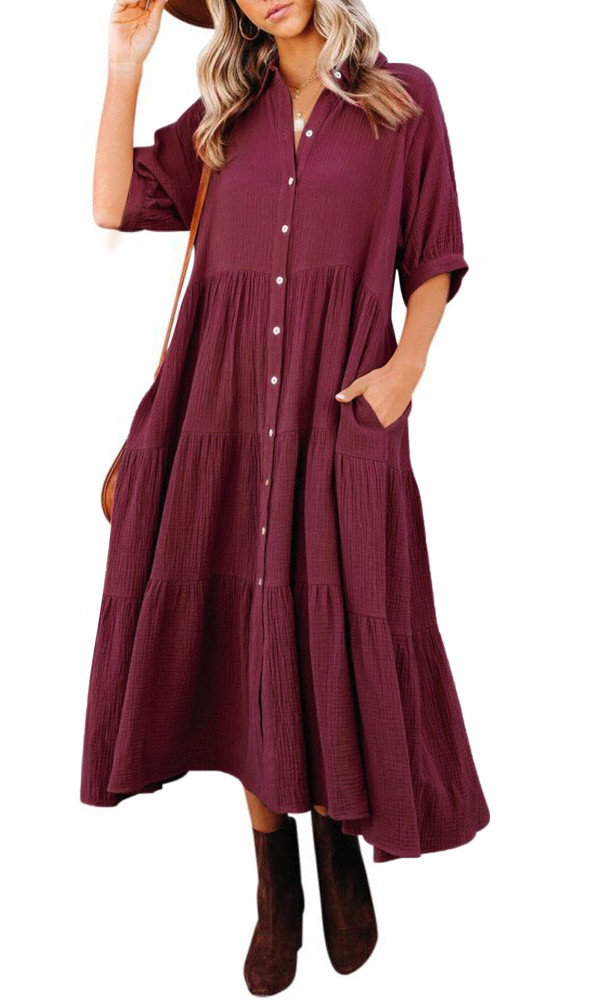 R.Vivimos Women's Summer Cotton Half Sleeves Button Down Casual Loose Slit Midi Dress with Pockets