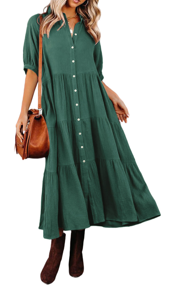 R.Vivimos Women's Summer Cotton Half Sleeves Button Down Casual Loose Slit Midi Dress with Pockets