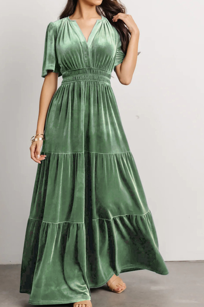 R.Vivimos Women's Fall Winter Vintage Velvet Dress Short Sleeve V Neck Elastic Waist Tiered Ruffle A-Line Elegant Maxi Dress