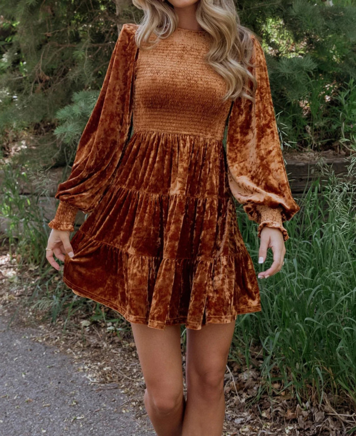 R.Vivimos Women's Fall Winter Crushed Velvet Dress Long Sleeve Crew Neck Elastic Smocked A-Line Tiered Ruffle Mini Dress