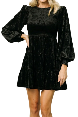 R.Vivimos Women's Fall Winter Crushed Velvet Dress Long Sleeve Crew Neck Elastic Smocked A-Line Tiered Ruffle Mini Dress