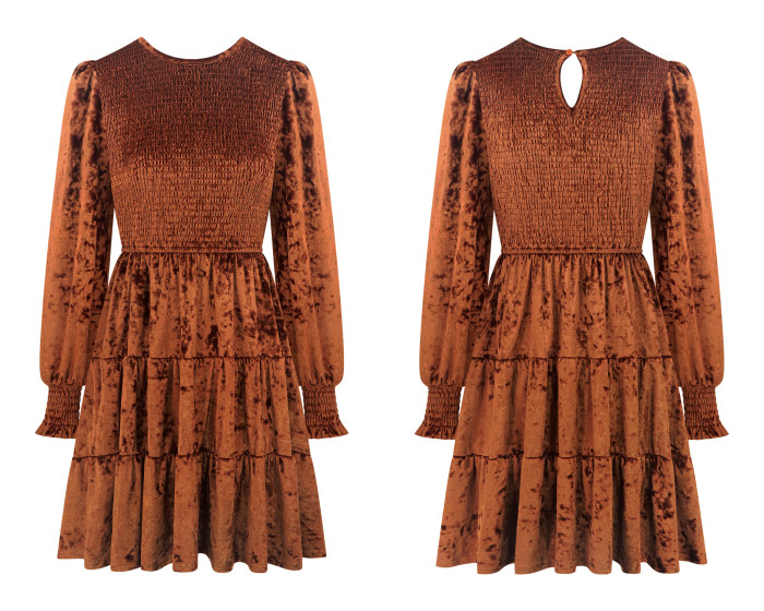 R.Vivimos Women's Fall Winter Crushed Velvet Dress Long Sleeve Crew Neck Elastic Smocked A-Line Tiered Ruffle Mini Dress