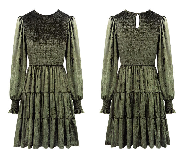 R.Vivimos Women's Fall Winter Crushed Velvet Dress Long Sleeve Crew Neck Elastic Smocked A-Line Tiered Ruffle Mini Dress