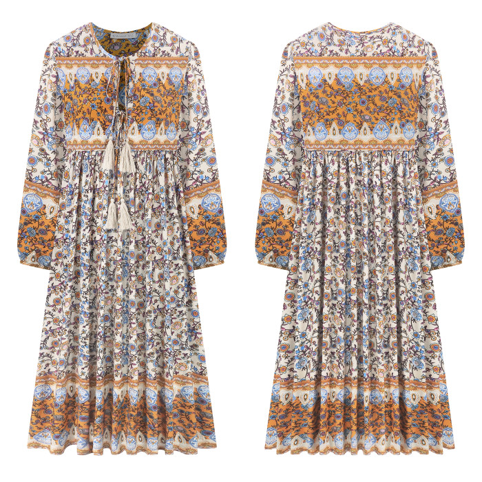 R.Vivimos Women's Long Sleeve Floral Print Retro V Neck Tassel Bohemian Midi Dresses
