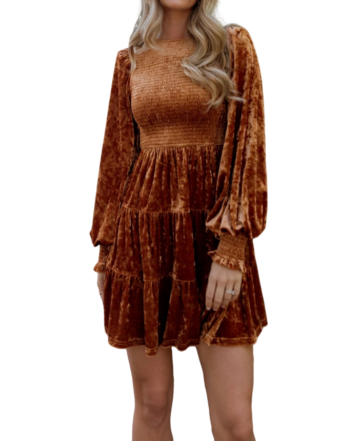 R.Vivimos Women's Fall Winter Crushed Velvet Dress Long Sleeve Crew Neck Elastic Smocked A-Line Tiered Ruffle Mini Dress