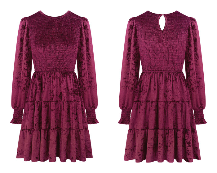 R.Vivimos Women's Fall Winter Crushed Velvet Dress Long Sleeve Crew Neck Elastic Smocked A-Line Tiered Ruffle Mini Dress