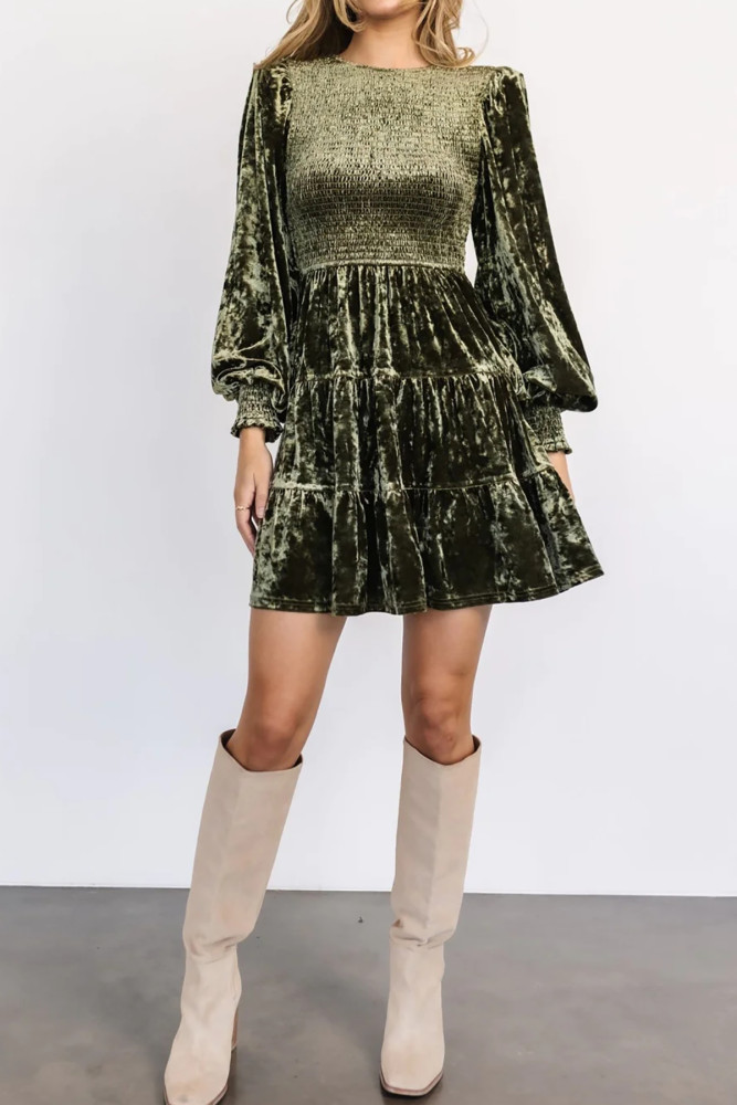 R.Vivimos Women's Fall Winter Crushed Velvet Dress Long Sleeve Crew Neck Elastic Smocked A-Line Tiered Ruffle Mini Dress