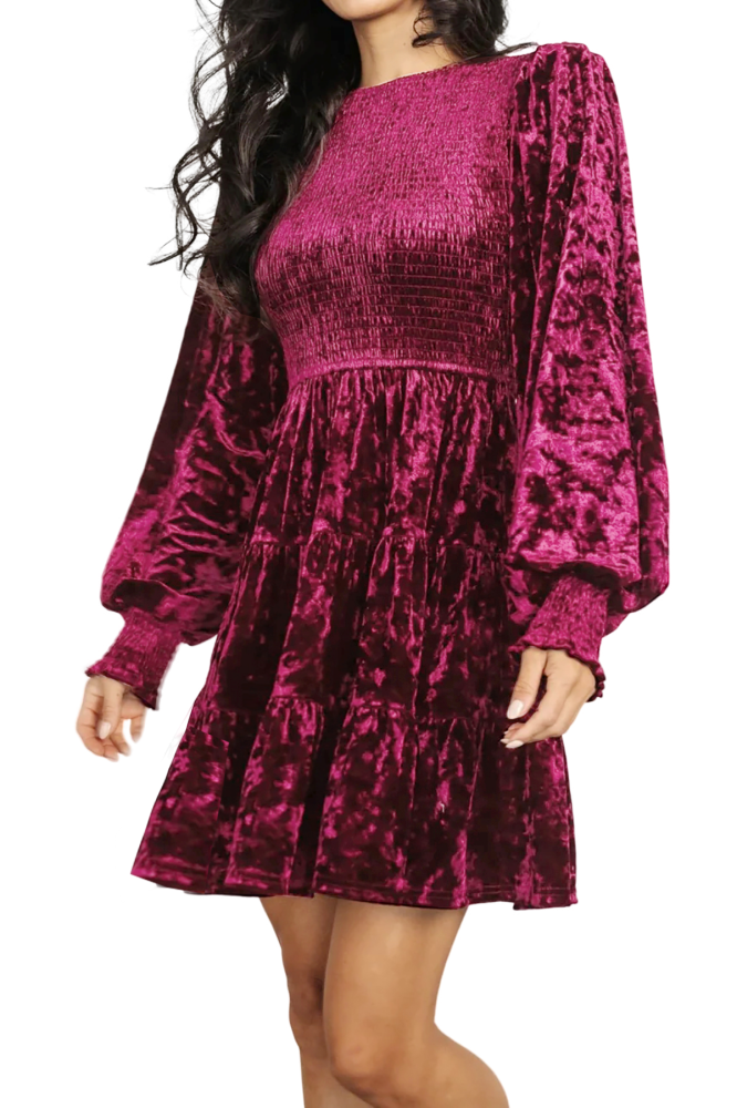 R.Vivimos Women's Fall Winter Crushed Velvet Dress Long Sleeve Crew Neck Elastic Smocked A-Line Tiered Ruffle Mini Dress