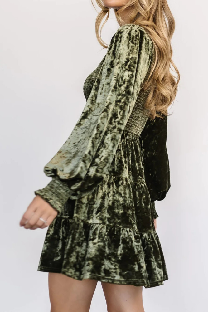 R.Vivimos Women's Fall Winter Crushed Velvet Dress Long Sleeve Crew Neck Elastic Smocked A-Line Tiered Ruffle Mini Dress