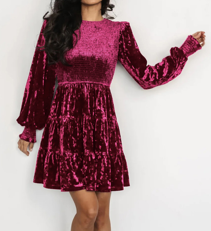 R.Vivimos Women's Fall Winter Crushed Velvet Dress Long Sleeve Crew Neck Elastic Smocked A-Line Tiered Ruffle Mini Dress