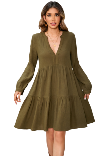 R.Vivimos Cotton Casual Dresses for Women Long Sleeve V Neck Tiered Flowy Mini Tunic Dress