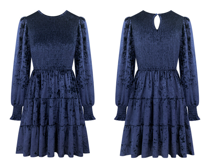 R.Vivimos Women's Fall Winter Crushed Velvet Dress Long Sleeve Crew Neck Elastic Smocked A-Line Tiered Ruffle Mini Dress
