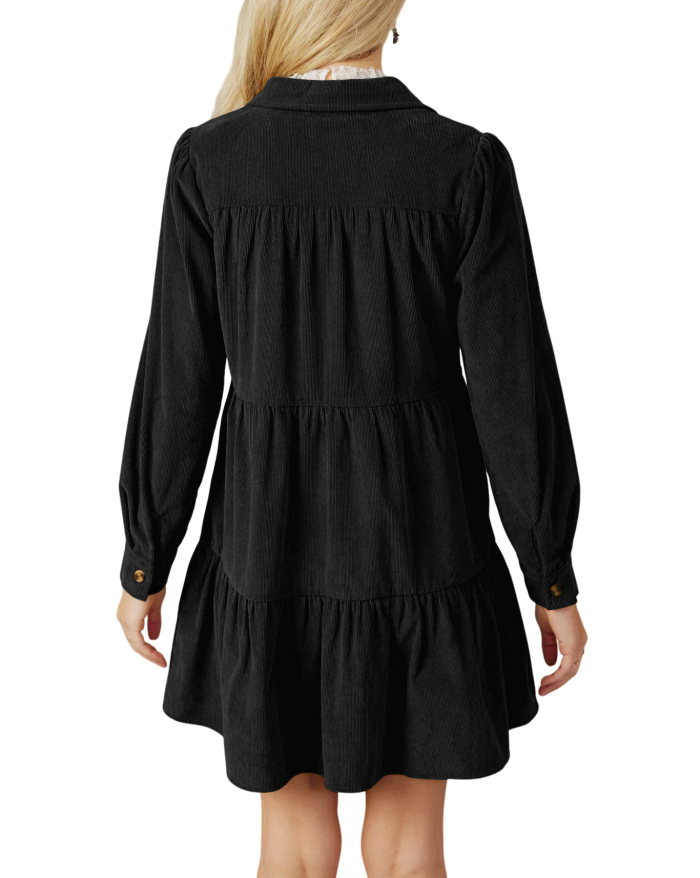 R.Vivimos Womens Fall Corduroy Dress 2024 Long Sleeve Button Down Tunic Mini Babydoll Dress with Pockets