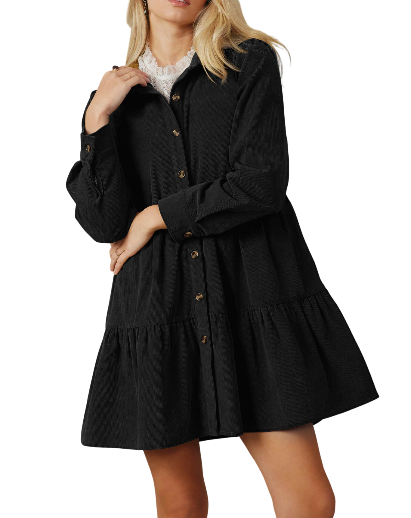 R.Vivimos Womens Fall Corduroy Dress 2024 Long Sleeve Button Down Tunic Mini Babydoll Dress with Pockets