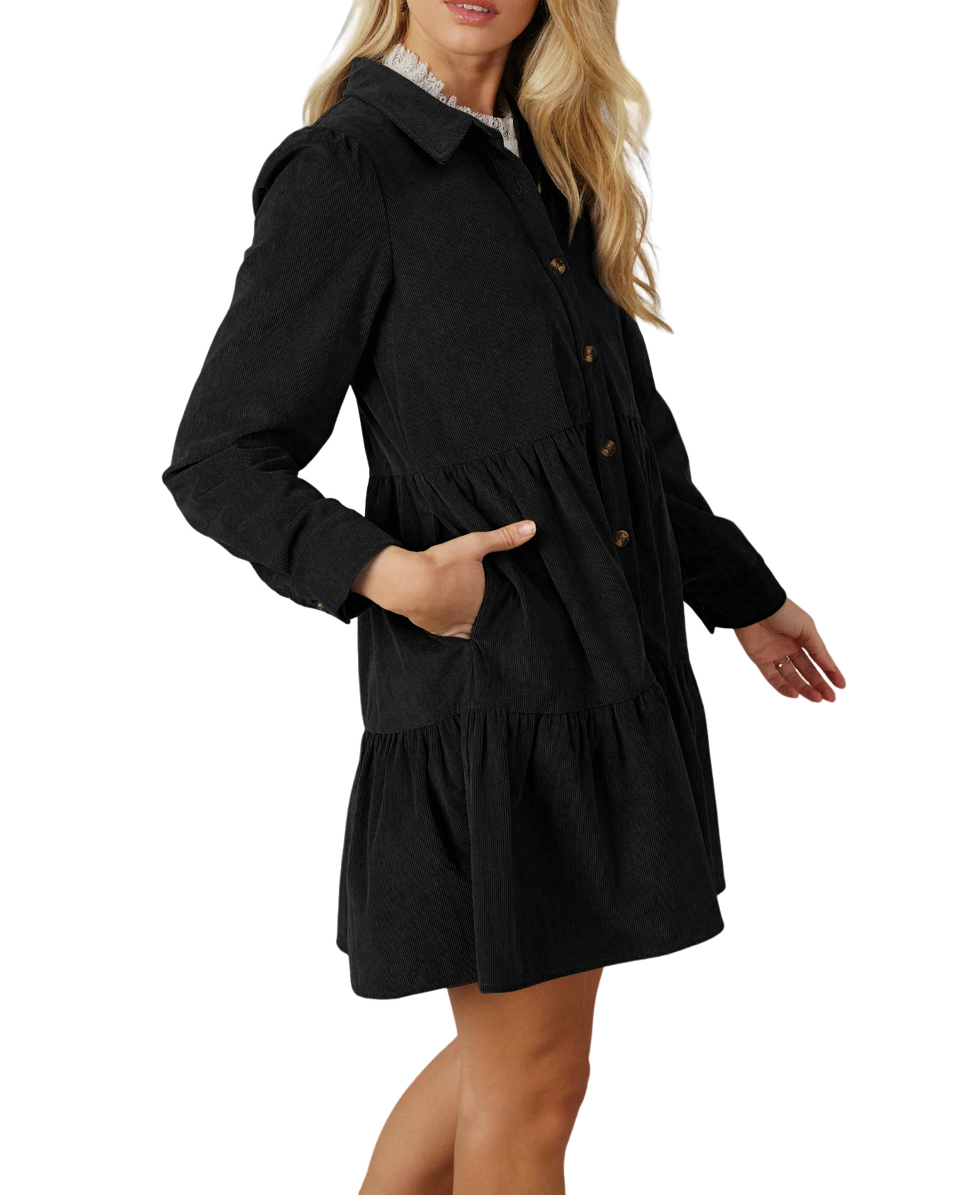 R.Vivimos Womens Fall Corduroy Dress 2024 Long Sleeve Button Down Tunic Mini Babydoll Dress with Pockets2