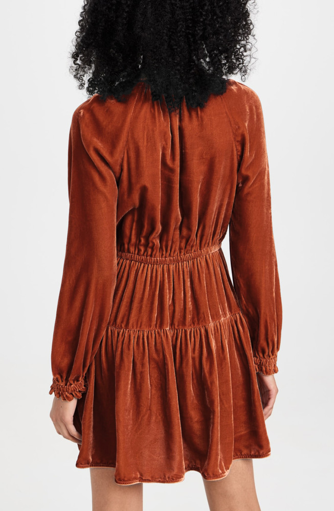 R.Vivimos Womens Fall Velvet Mini Dress V Neck Long Sleeve Elastic Waist Winter Tiered Flowy Swing A-Line Dress with Pockets