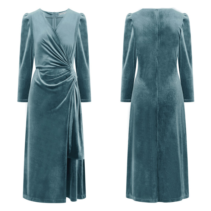 R.Vivimos Womens Velvet V Neck Wrap Dress Fall Winter Long Sleeve Waist Ruched Elastic Elegant Midi Dress