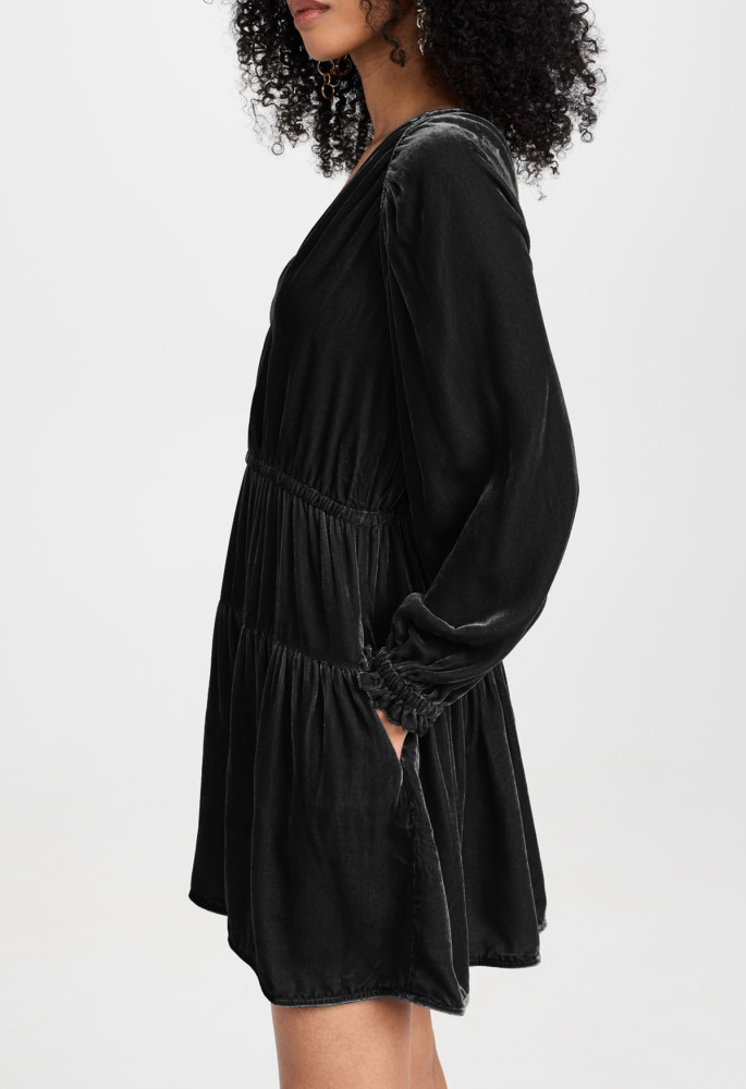 R.Vivimos Womens Fall Velvet Mini Dress V Neck Long Sleeve Elastic Waist Winter Tiered Flowy Swing A-Line Dress with Pockets
