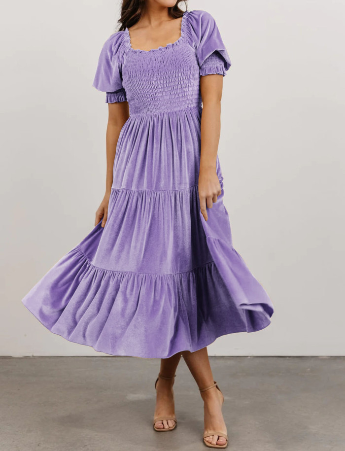 R.Vivimos Womens Fall Winter Velvet Dress Puff Sleeve Square Neck Smocked Tiered Ruffle A-Line Flowy Midi Dress
