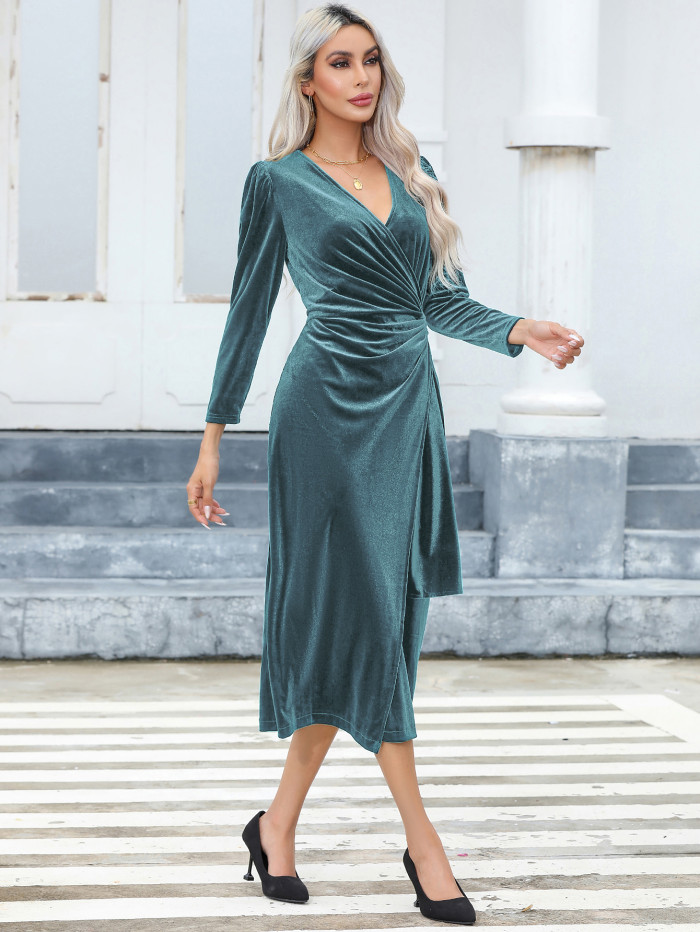R.Vivimos Womens Velvet V Neck Wrap Dress Fall Winter Long Sleeve Waist Ruched Elastic Elegant Midi Dress