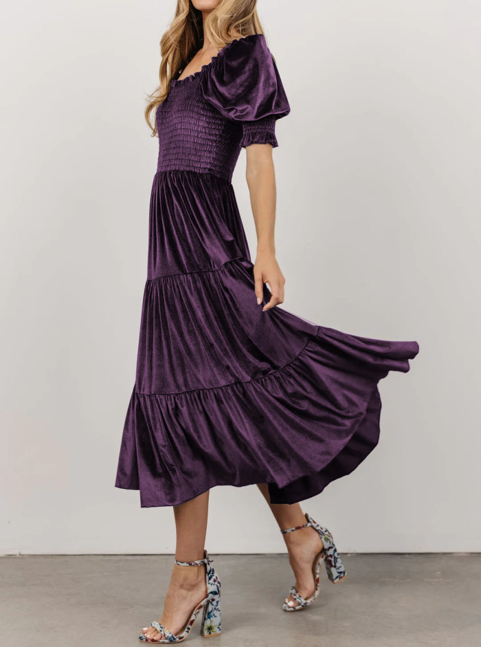 R.Vivimos Womens Fall Winter Velvet Dress Puff Sleeve Square Neck Smocked Tiered Ruffle A-Line Flowy Midi Dress