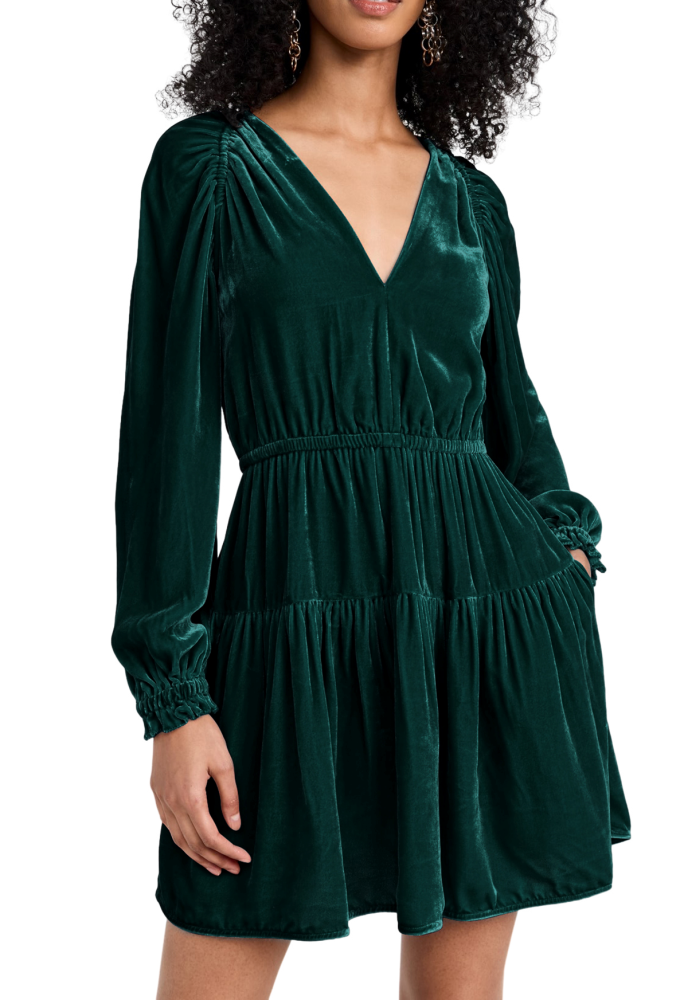 R.Vivimos Womens Fall Velvet Mini Dress V Neck Long Sleeve Elastic Waist Winter Tiered Flowy Swing A-Line Dress with Pockets