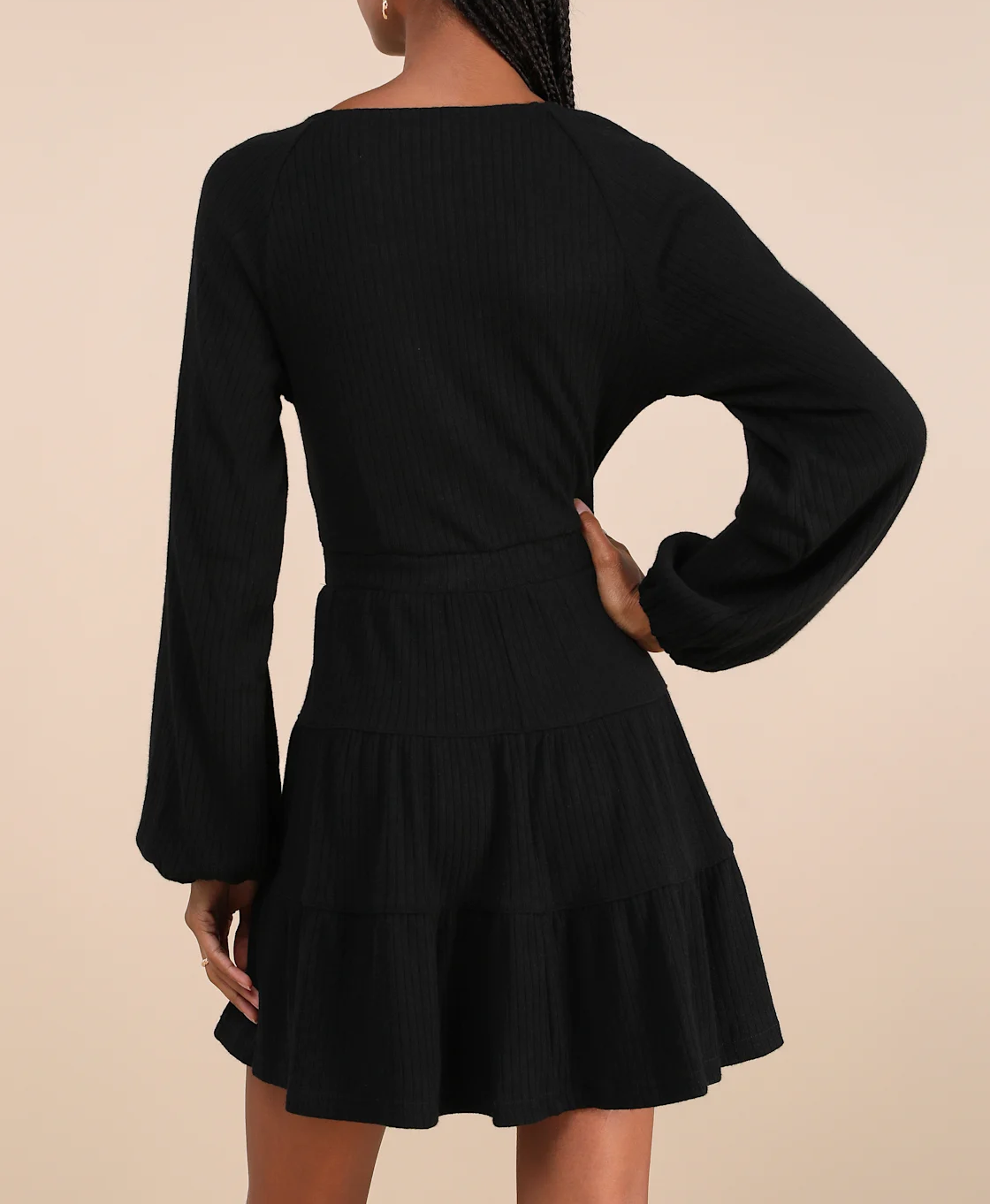 R.Vivimos Womens Fall Dresses Lantern Sleeve V Neck Stretchy Ribbed Knit A-Line Tiered Mini Skater Dress2