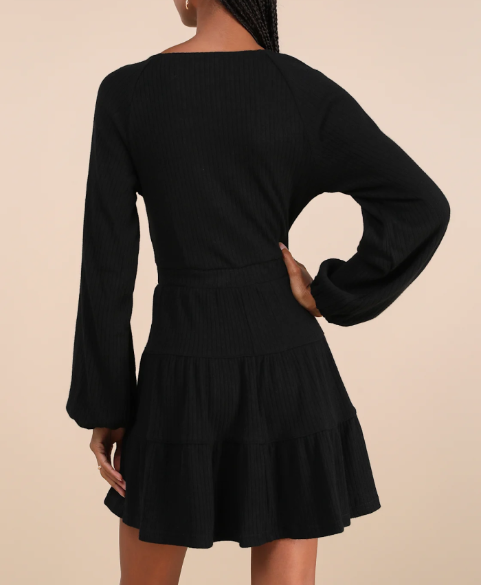 R.Vivimos Womens Fall Dresses Lantern Sleeve V Neck Stretchy Ribbed Knit A-Line Tiered Mini Skater Dress