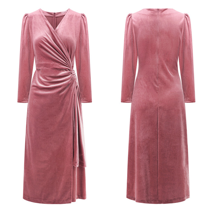 R.Vivimos Womens Velvet V Neck Wrap Dress Fall Winter Long Sleeve Waist Ruched Elastic Elegant Midi Dress