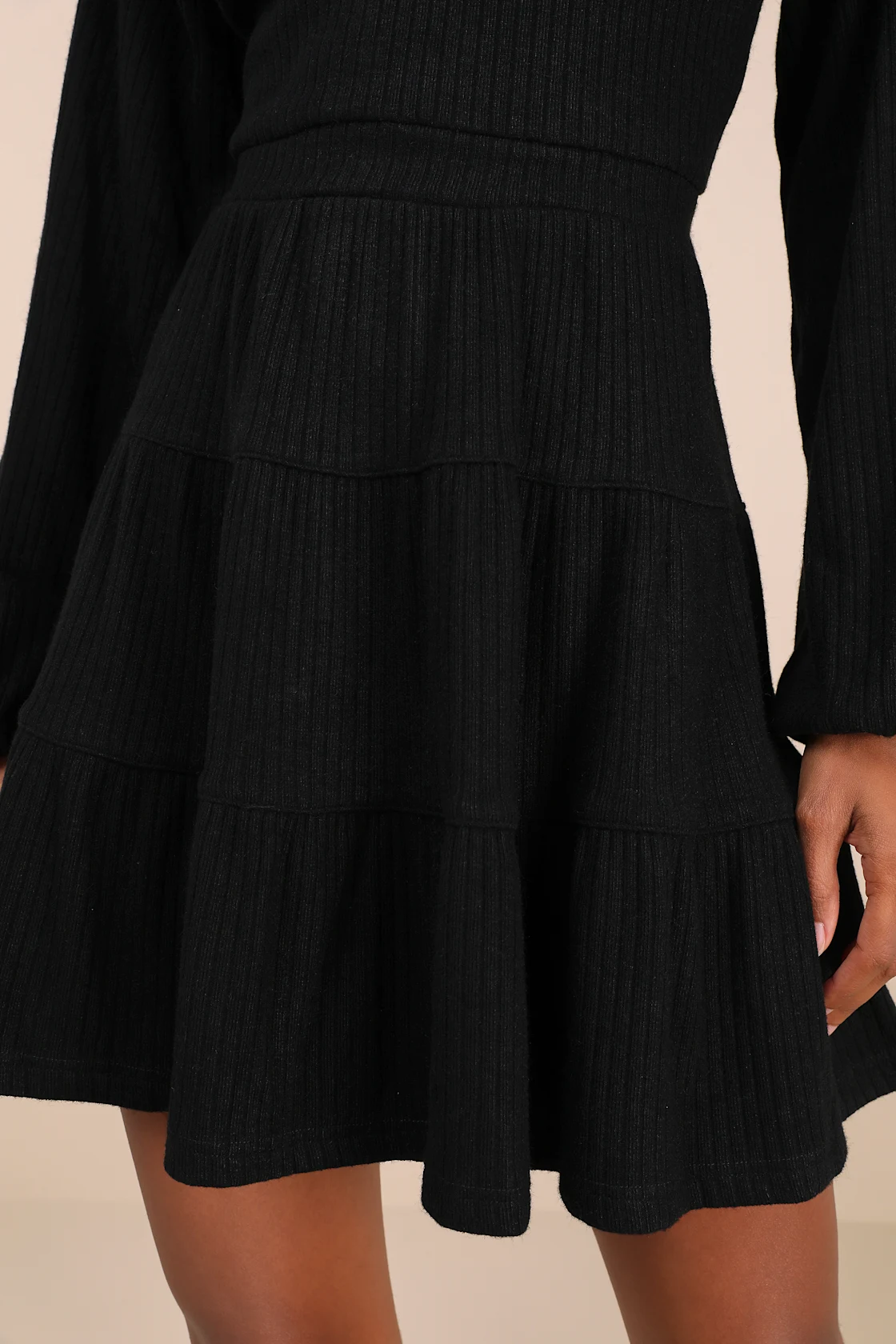 R.Vivimos Womens Fall Dresses Lantern Sleeve V Neck Stretchy Ribbed Knit A-Line Tiered Mini Skater Dress4