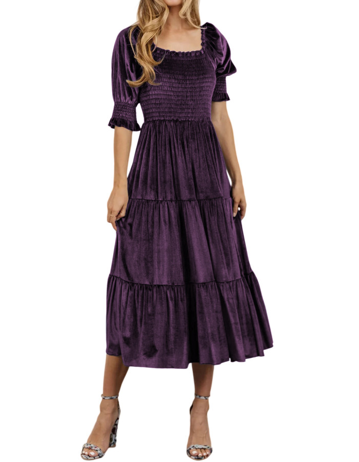 R.Vivimos Womens Fall Winter Velvet Dress Puff Sleeve Square Neck Smocked Tiered Ruffle A-Line Flowy Midi Dress