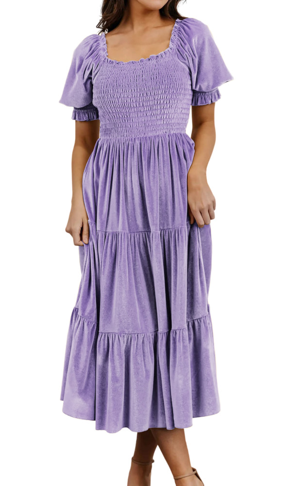 R.Vivimos Womens Fall Winter Velvet Dress Puff Sleeve Square Neck Smocked Tiered Ruffle A-Line Flowy Midi Dress