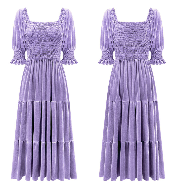 R.Vivimos Womens Fall Winter Velvet Dress Puff Sleeve Square Neck Smocked Tiered Ruffle A-Line Flowy Midi Dress