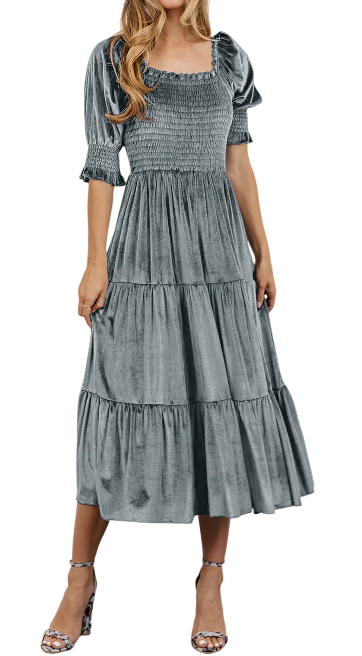 R.Vivimos Womens Fall Winter Velvet Dress Puff Sleeve Square Neck Smocked Tiered Ruffle A-Line Flowy Midi Dress