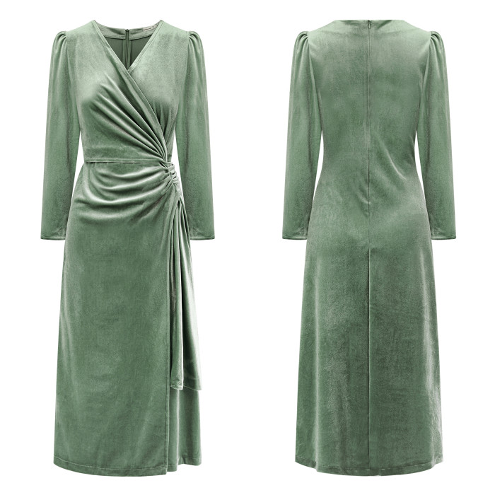R.Vivimos Womens Velvet V Neck Wrap Dress Fall Winter Long Sleeve Waist Ruched Elastic Elegant Midi Dress