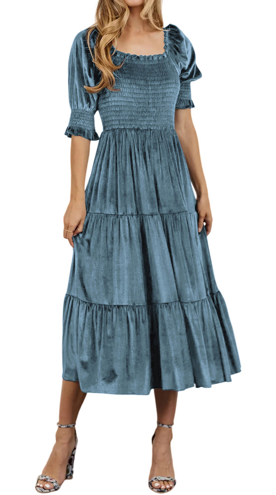 R.Vivimos Womens Fall Winter Velvet Dress Puff Sleeve Square Neck Smocked Tiered Ruffle A-Line Flowy Midi Dress