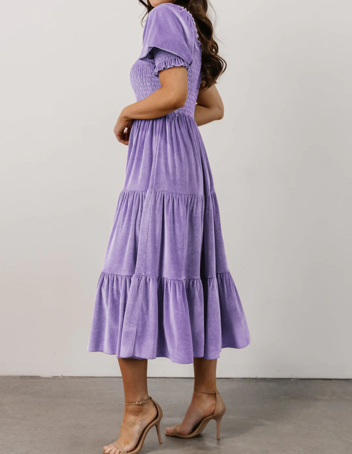 R.Vivimos Womens Fall Winter Velvet Dress Puff Sleeve Square Neck Smocked Tiered Ruffle A-Line Flowy Midi Dress