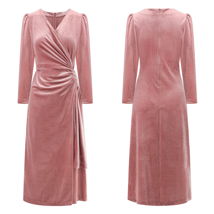 R.Vivimos Womens Velvet V Neck Wrap Dress Fall Winter Long Sleeve Waist Ruched Elastic Elegant Midi Dress