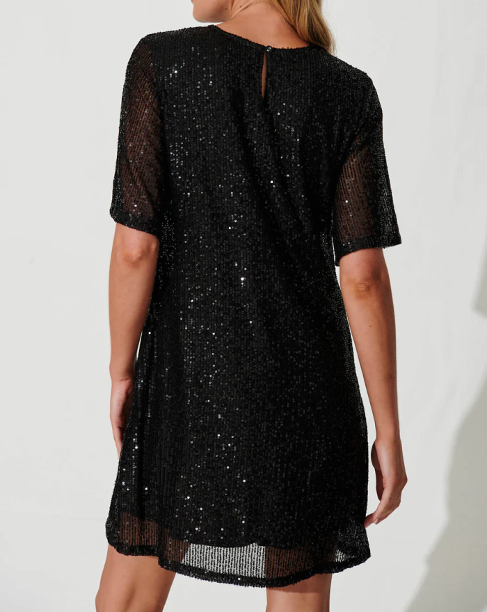 R.Vivimos Women's Trendy Party Sparkly Sequin Dress Short Sleeve Back Button Crew Neck Loose Fit Glitter Mini Dress