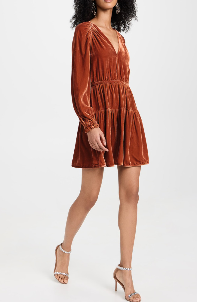 R.Vivimos Womens Fall Velvet Mini Dress V Neck Long Sleeve Elastic Waist Winter Tiered Flowy Swing A-Line Dress with Pockets