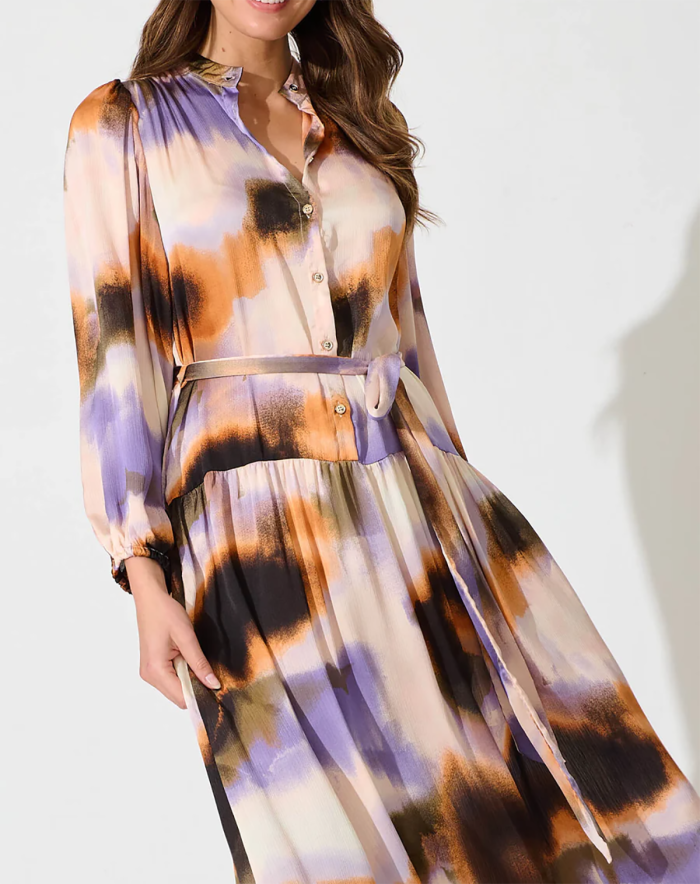 R.Vivimos Womens Long Sleeve Tie Dye Henley V Neck Button Up Loose Flowy Midi Dress with Belt