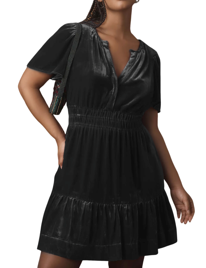R.Vivimos Women's Fall Winter Vintage Casual Dresses Velvet Short Sleeve V Neck Elastic Waist Tiered Flowy Swing Mini Dress