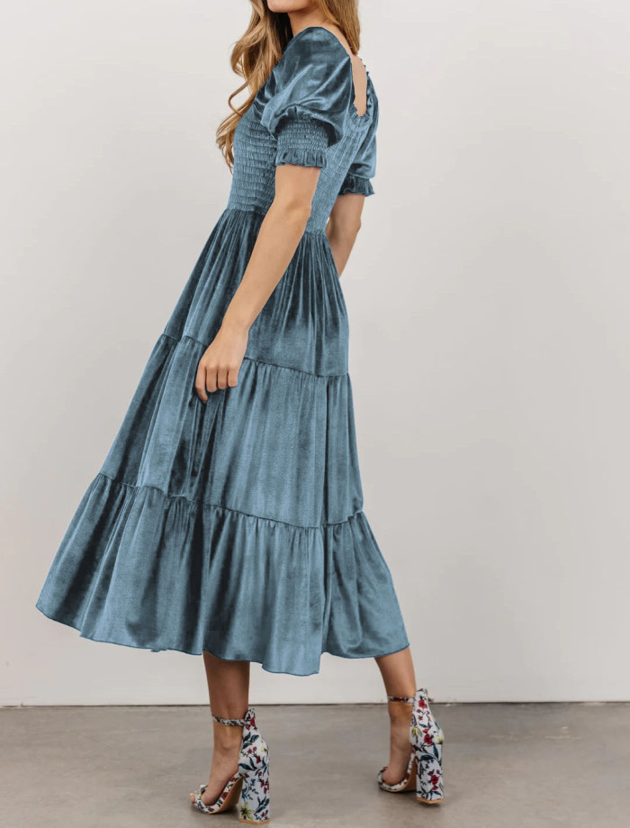 R.Vivimos Womens Fall Winter Velvet Dress Puff Sleeve Square Neck Smocked Tiered Ruffle A-Line Flowy Midi Dress