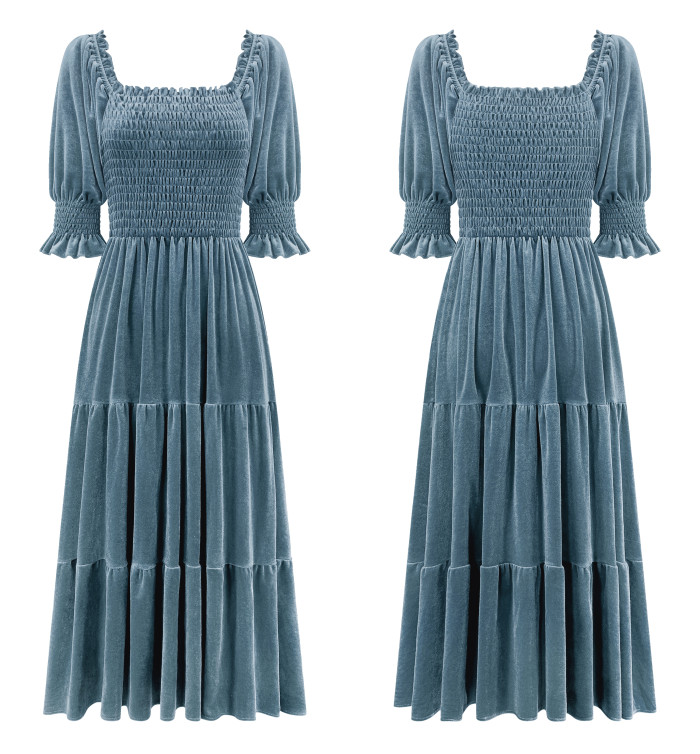 R.Vivimos Womens Fall Winter Velvet Dress Puff Sleeve Square Neck Smocked Tiered Ruffle A-Line Flowy Midi Dress